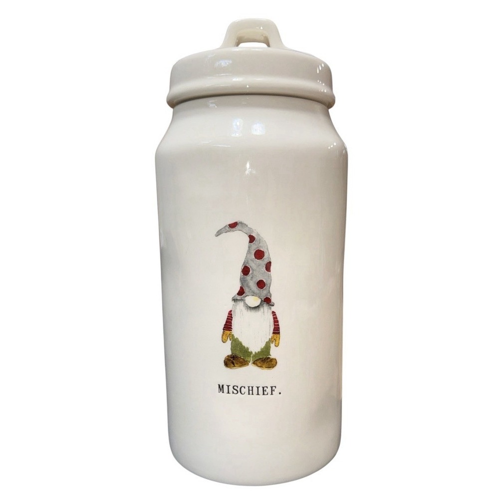 Rae Dunn MISCHIEF Christmas Gnome Canister Jar Lid Artisan Collection Magenta